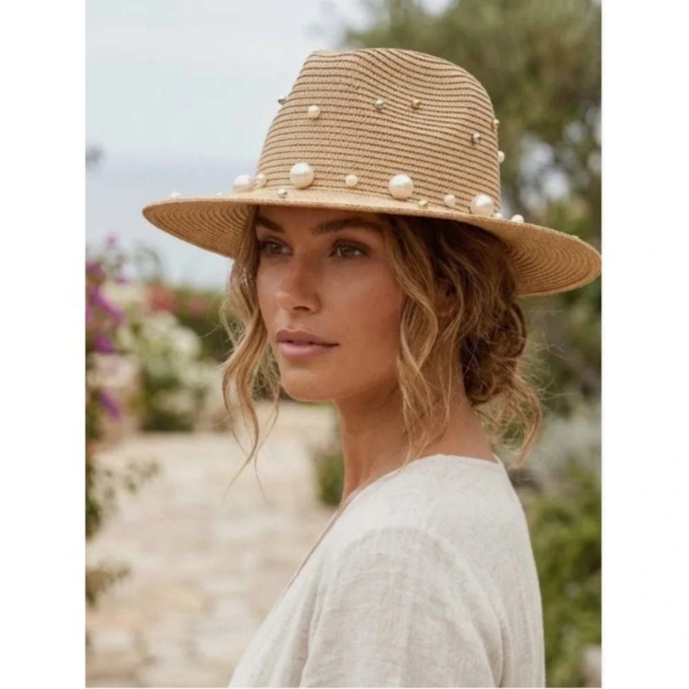 Steve Madden Straw Fedora Sun Hat Pearl & Stud Embellished Tan Beach Vacation